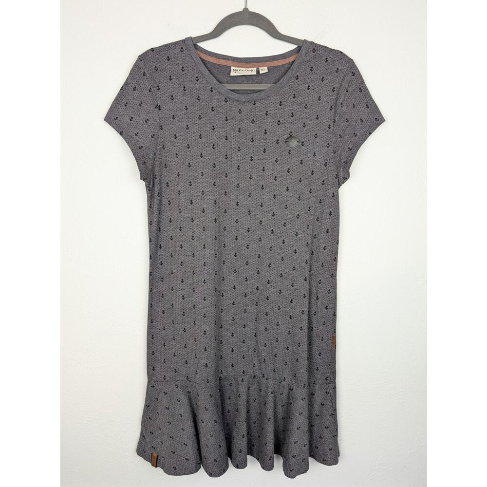 Naketano Dress Ruffle Tier Anchor Print Brave New World Outdoor Y2K Gray Size XL